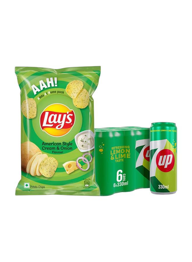 7up لايز أمريكان ستايل كريم اند أونيون تشيبس - استيراد هندي 80 جرام + علب مشروب غازي كربوني 7 أب 330 مل - عبوة من 6 - Image 1