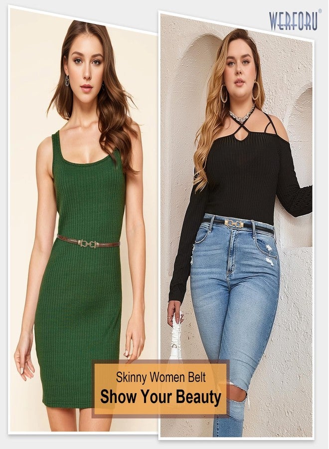 WERFORU Women 3 Pack Skinny Belt for Dress,Thin Waist Belt - Adjustable Leather Belt with Gold Buckle, A-DarkBlack+Brown+White, Fit Waist Size below 37 Inches- - Image 2