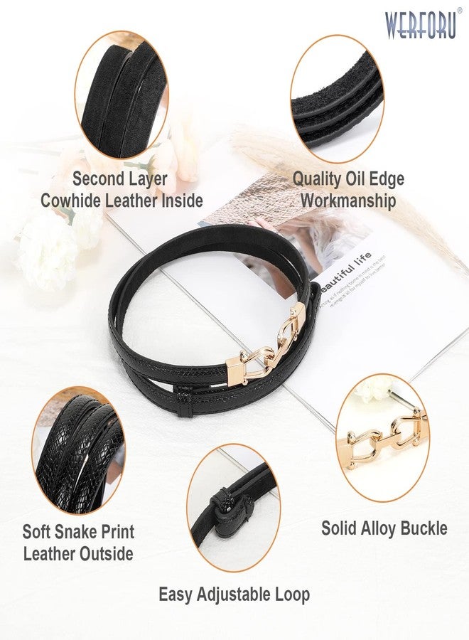 WERFORU Women 3 Pack Skinny Belt for Dress,Thin Waist Belt - Adjustable Leather Belt with Gold Buckle, A-DarkBlack+Brown+White, Fit Waist Size below 37 Inches- - Image 4