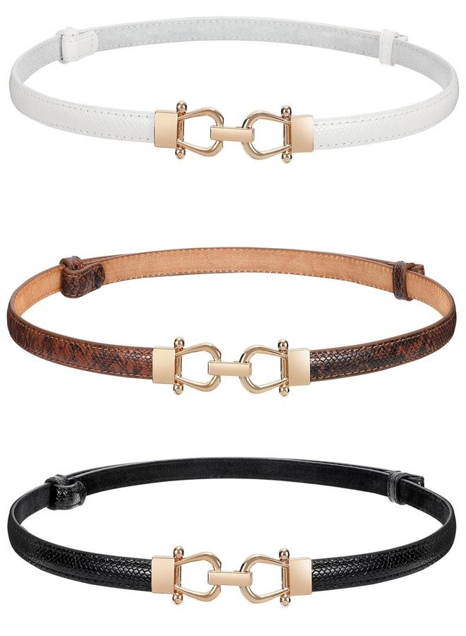 WERFORU Women 3 Pack Skinny Belt for Dress,Thin Waist Belt - Adjustable Leather Belt with Gold Buckle, A-DarkBlack+Brown+White, Fit Waist Size below 37 Inches- - Image 1