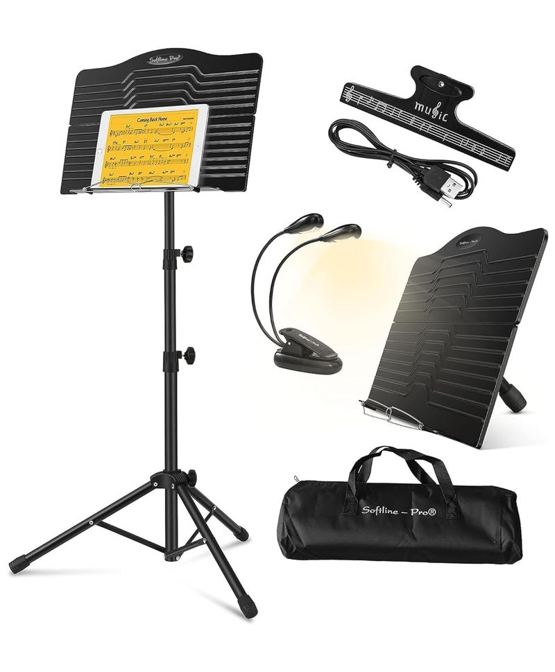 Softline Pro Metal Music Stand, Portable & Foldable Professional Notation Stand with Light and Bag, Tabletop Music Book Stand for Guitar, Ukulele, Violin Players (SP-ABSP-FMUS-KIT) - Image 1