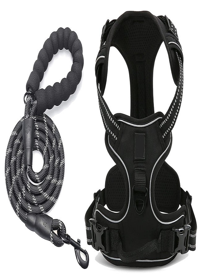 Genesis Dog Harness with Heavy Duty 5ft Dog Leash, Large Size Nylon 3M Reflective. Easy Control Chest Body No Pull Belt for Pets. Black Adjustable Double Padded Vest. (Girth inch: 26” - 31”) - Image 1