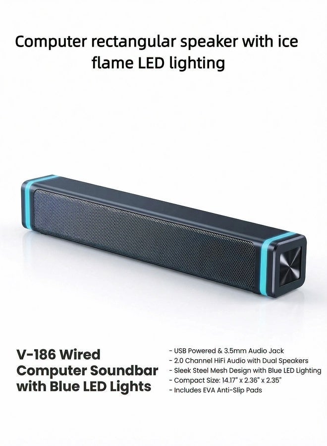 Flushrenic Computer speaker wired computer bar speaker ice blue LED light steel mesh design anti slip pad dual speaker 2.0 channel 3.5mm audio jack 14.17 inches x2.36 inches x2.35 inches - Image 2