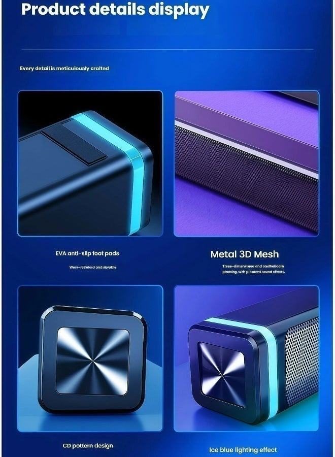 Flushrenic Computer speaker wired computer bar speaker ice blue LED light steel mesh design anti slip pad dual speaker 2.0 channel 3.5mm audio jack 14.17 inches x2.36 inches x2.35 inches - Image 4