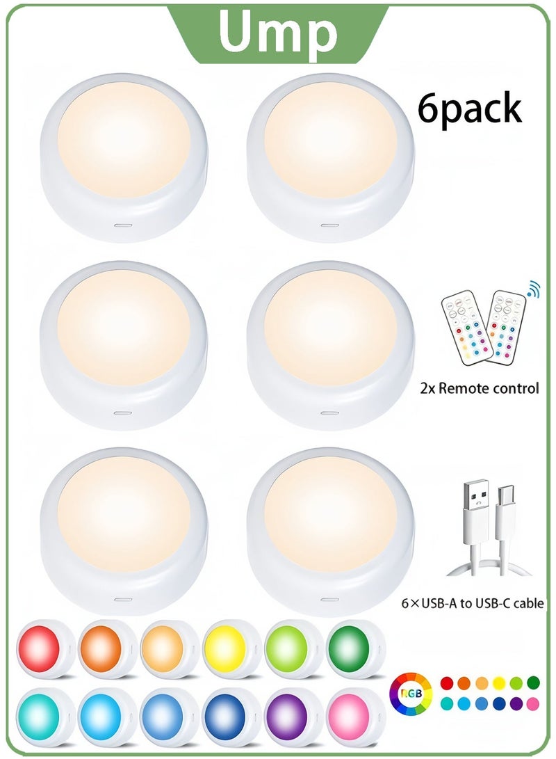 يو ام بي أضواء قرصية مغناطيسية قابلة لإعادة الشحن (عبوة من 6 قطع)، إضاءة لاسلكية RGB بـ 13 لونًا أسفل الخزائن مع جهازَي تحكم عن بُعد ومنفذ USB-C، ضوء ليلي LED لاصق قابل للتعتيم للمطبخ والخزانة وواجهة العرض - Image 1