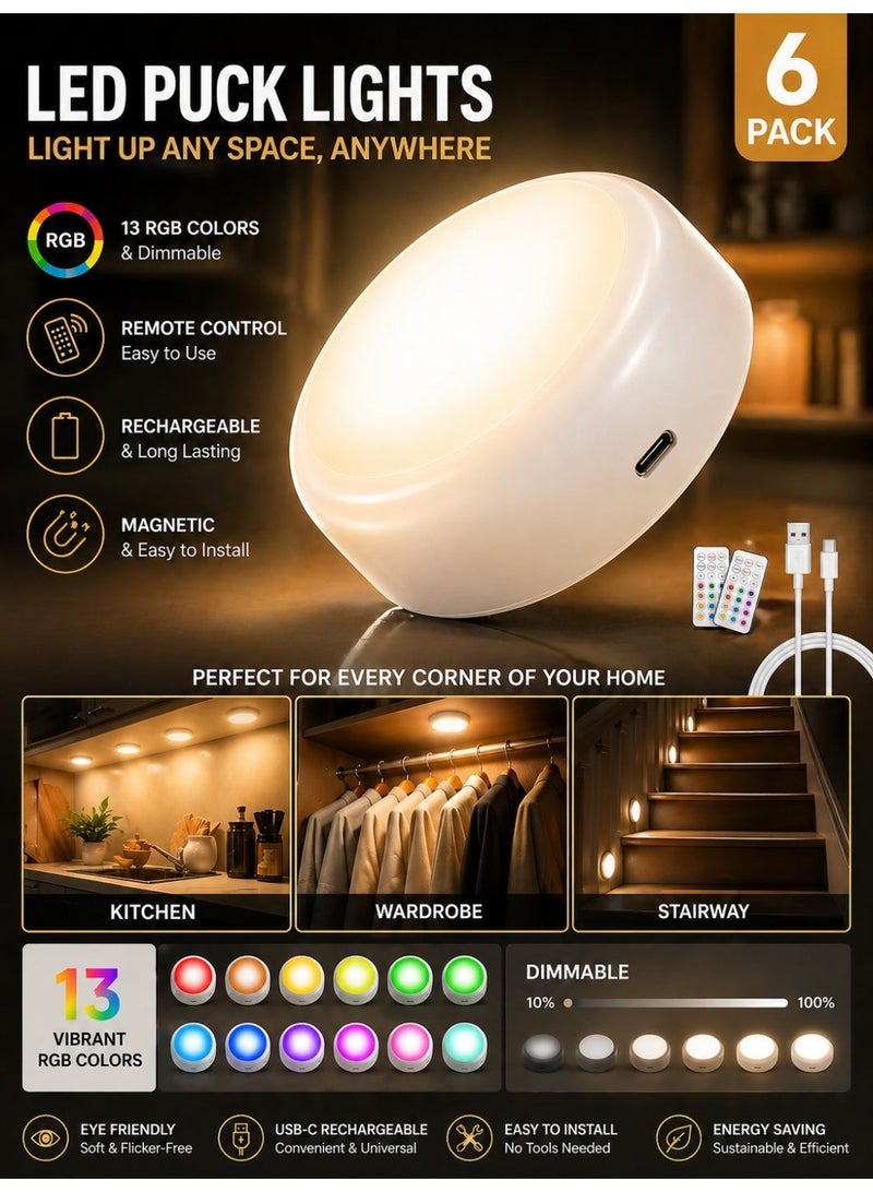 Ump Rechargeable Puck Lights (6 Pack), Under Cabinet Magnetic Lights, Timable Wall Light, Wireless 13-Color RGB Under Cabinet Lighting with 2 Remotes & USB-C, Dimmable Stick-on LED Night Light for Kitchen, Closet & Showcase - Image 1