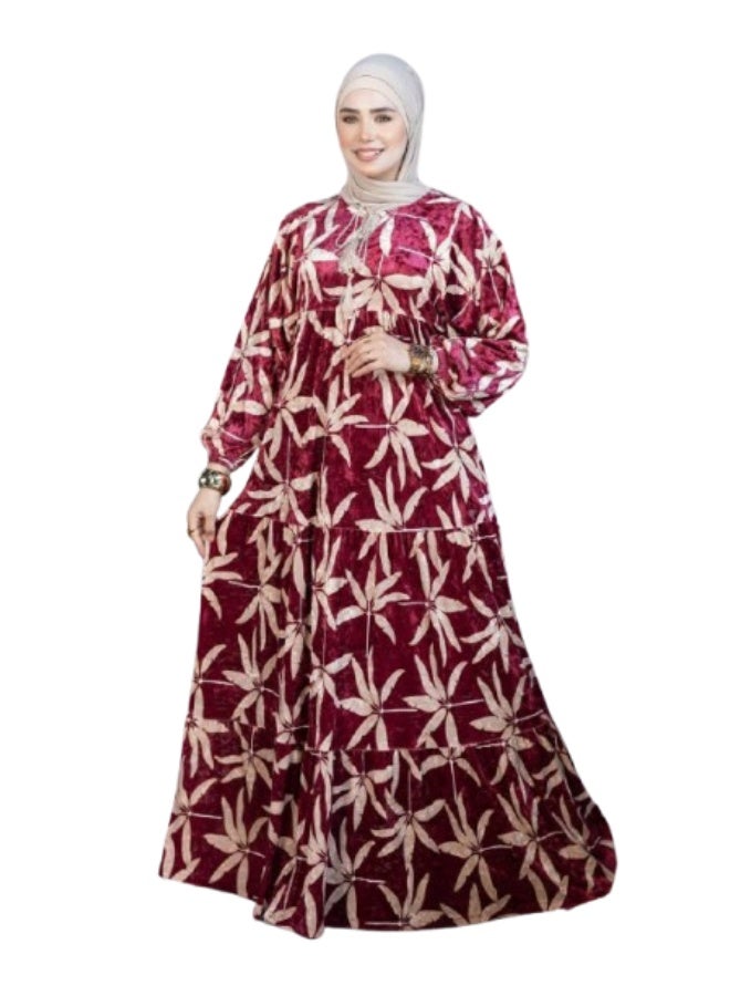 دريس نسائي قطيفة مشجر أنيق – تصميم محتشم ومريح بخامة بسكوته فاخرة – إطلالة شتوية أنثوية تناسب الخروج اليومي والمناسبات - Image 1