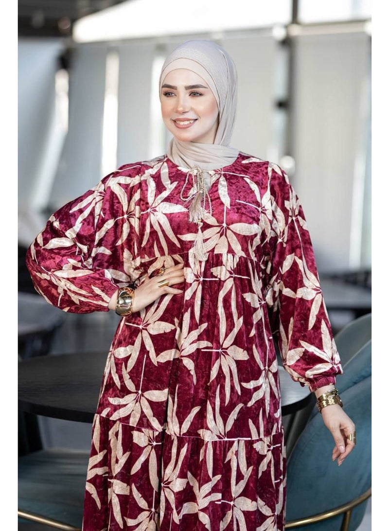 دريس نسائي قطيفة مشجر أنيق – تصميم محتشم ومريح بخامة بسكوته فاخرة – إطلالة شتوية أنثوية تناسب الخروج اليومي والمناسبات - Image 3