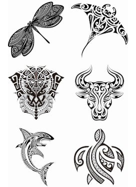 Dopetattoo 6 Sheets Maori Tattoo Temporary Tattoos for Men Adults Maori Tribal Stingray Taurus Ethnic Ox Zodiac Polynesian Turtles Shark Fish Dragonfly Exotic Insect Tattoos Women Neck Arm Chest Woman 