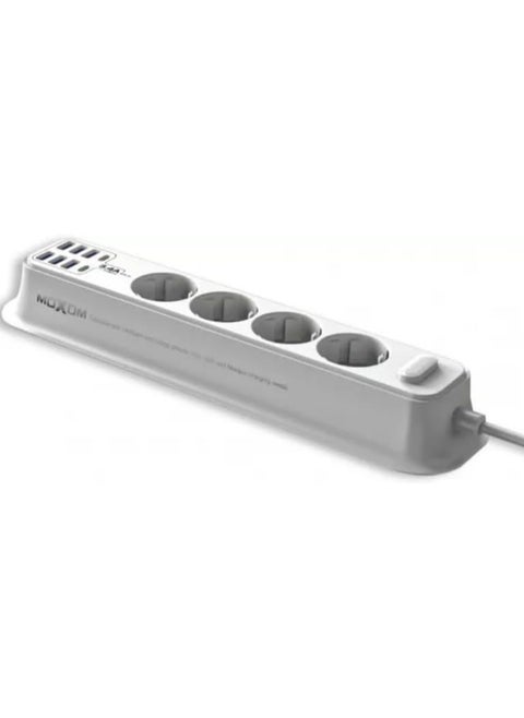 Moxom MX-ST05 12 IN 1 PD Power Strip With 4 Socket, 6 USB, 2 Type-C PD And One Key Master Control For Multi Devices 2500W - White