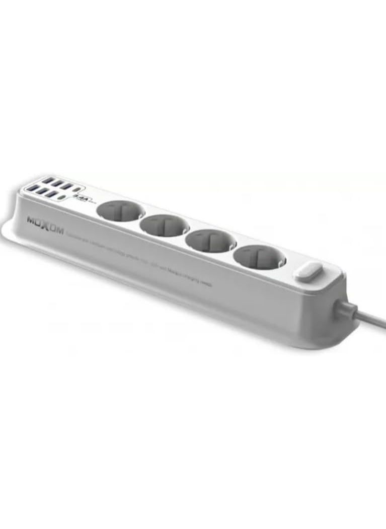 Moxom MX-ST05 12 IN 1 PD Power Strip With 4 Socket, 6 USB, 2 Type-C PD And One Key Master Control For Multi Devices 2500W - White