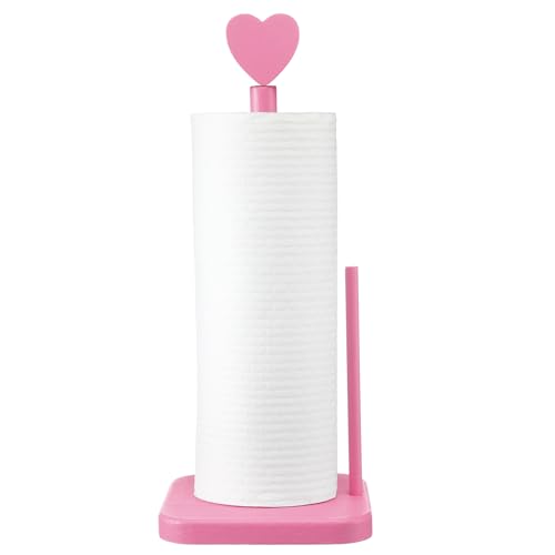Leinuosen Valentines Day Pink Heart Paper Towel Holder Cute Heart Wooden Paper Towel Holder Pink Bathroom Countertop Accessories Kitchen Roll Stand Organizer Standing Apartment Decor Housewarming Gift - Image 1