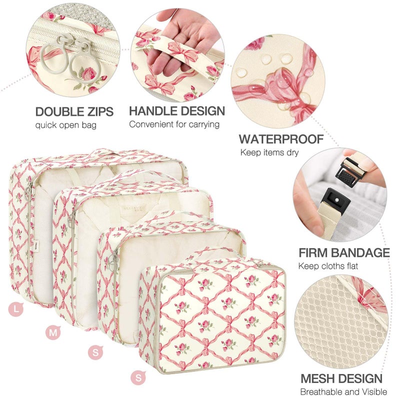 Hatisan 8 Set Packing Cubes for Suitcases,Packing Cube with Shoe, Cosmetics, Clothing, and Accessories Bags Packing Cubes for Travel Luggage Organizer Women Men(Bow Flowers) - Image 3