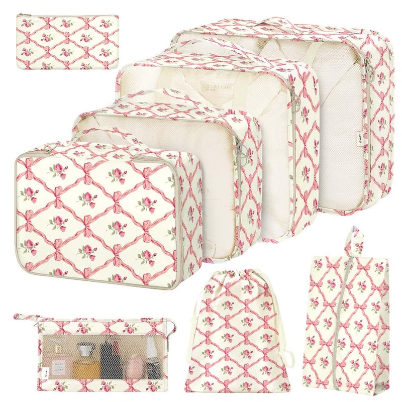 Hatisan 8 Set Packing Cubes for Suitcases,Packing Cube with Shoe, Cosmetics, Clothing, and Accessories Bags Packing Cubes for Travel Luggage Organizer Women Men(Bow Flowers) - Image 1