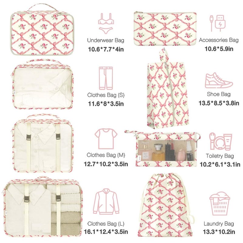 Hatisan 8 Set Packing Cubes for Suitcases,Packing Cube with Shoe, Cosmetics, Clothing, and Accessories Bags Packing Cubes for Travel Luggage Organizer Women Men(Bow Flowers) - Image 2