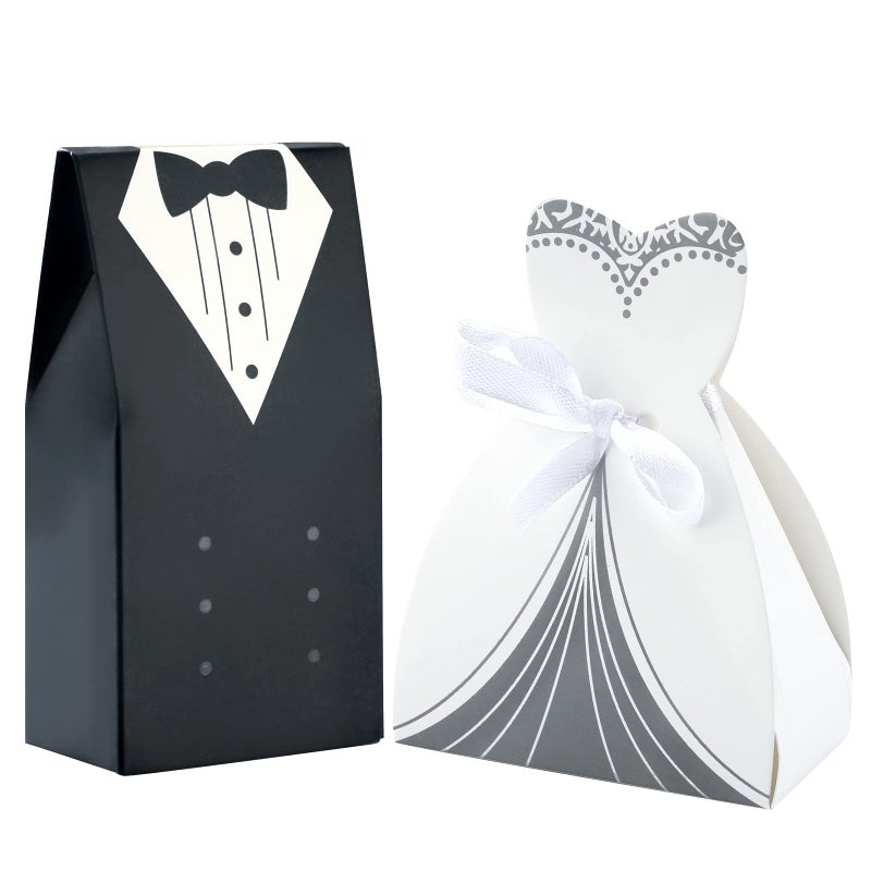 G2PLUS 100PCS Bride and Groom Wedding Favor Boxes  50 Pairs Small Candy Boxes With Ribbons for Wedding Occasions