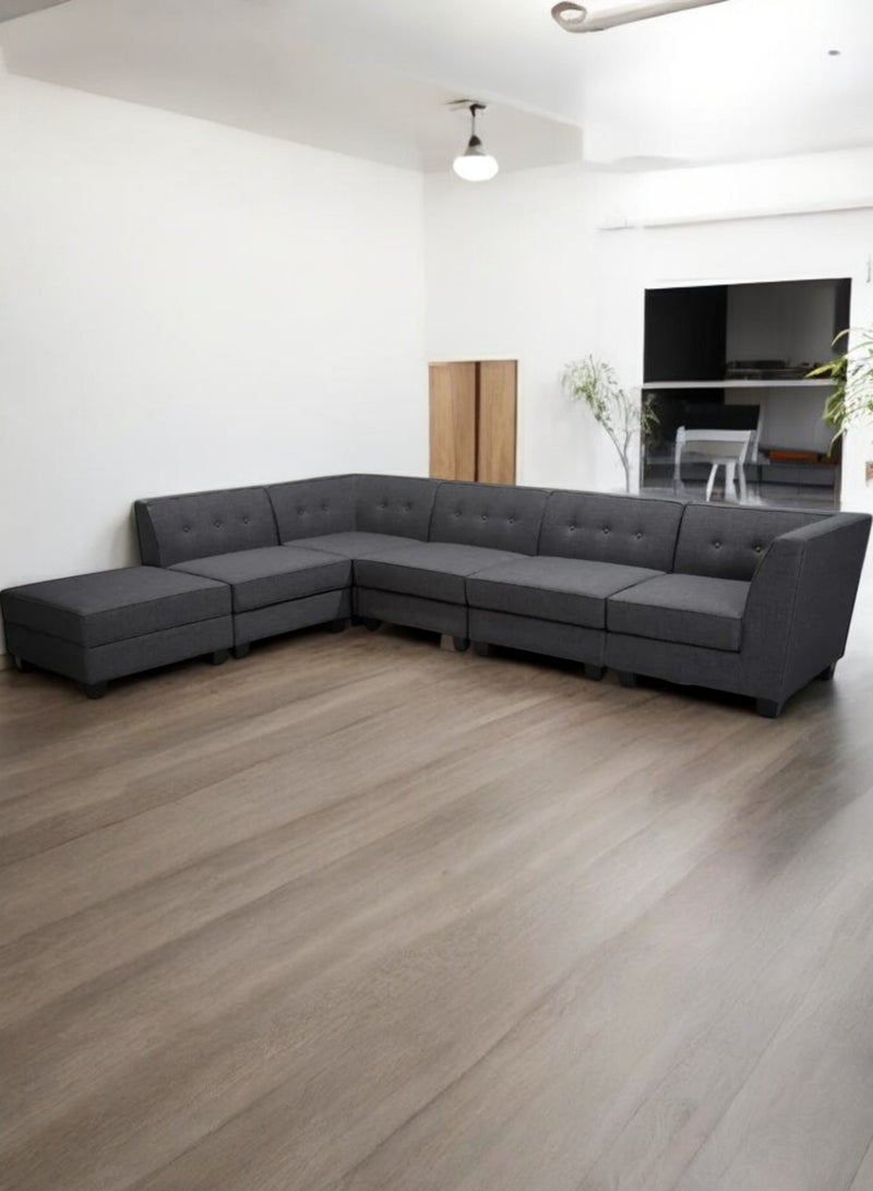 Karnak 6 Seater Sahra L-Shaped Corner Sofa – Linen Fabric with Tufted Design Backrest Cushion Color Grey - Image 3