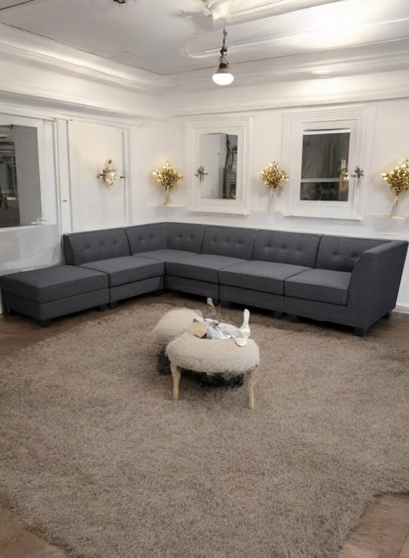 Karnak 6 Seater Sahra L-Shaped Corner Sofa – Linen Fabric with Tufted Design Backrest Cushion Color Grey - Image 1