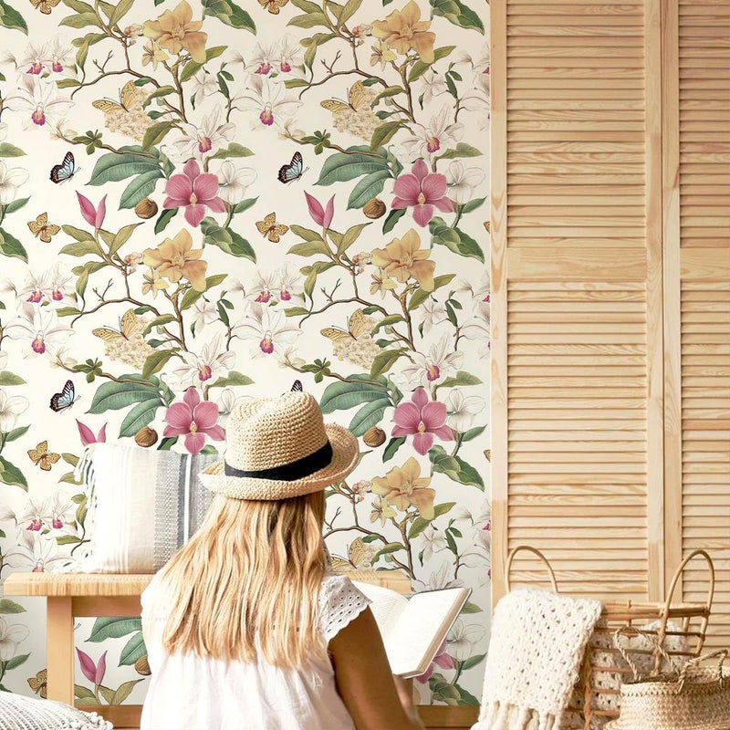Nukofal Vintage Floral Peel and Stick Wallpaper Floral Contact Paper 16.9inchx118.1inch Multicolor Flowers Butterfly Wallpaper Leaf Boho Self Adhesive Removable Wall Paper for Bedroom Decorative - Image 5