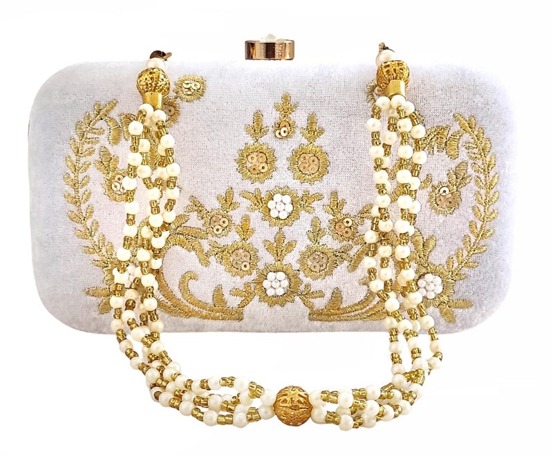 DUCHESS Women's Box Clutch with Pearl Handle-Bridal Ethnic Traditional Casual Purse/Clutch/Handbag (4 x 7 x 2 inch) - Image 1