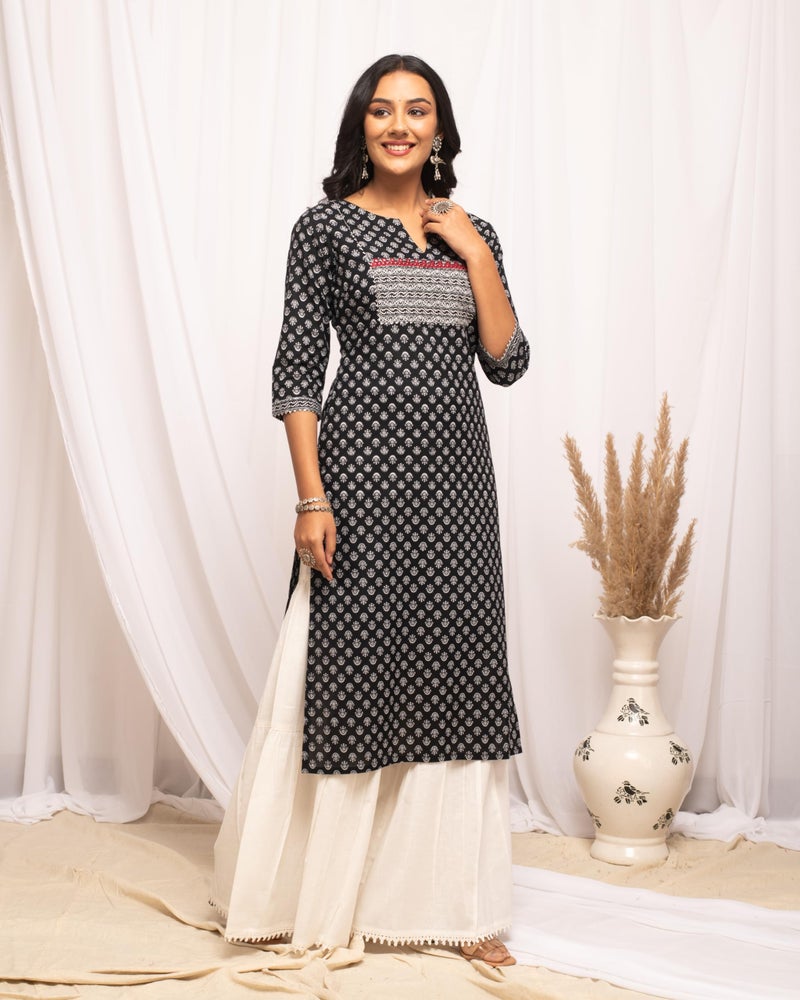 FIORRA Women's Floral Printed Black Cotton Straight Kurta FAR0102 - Image 5