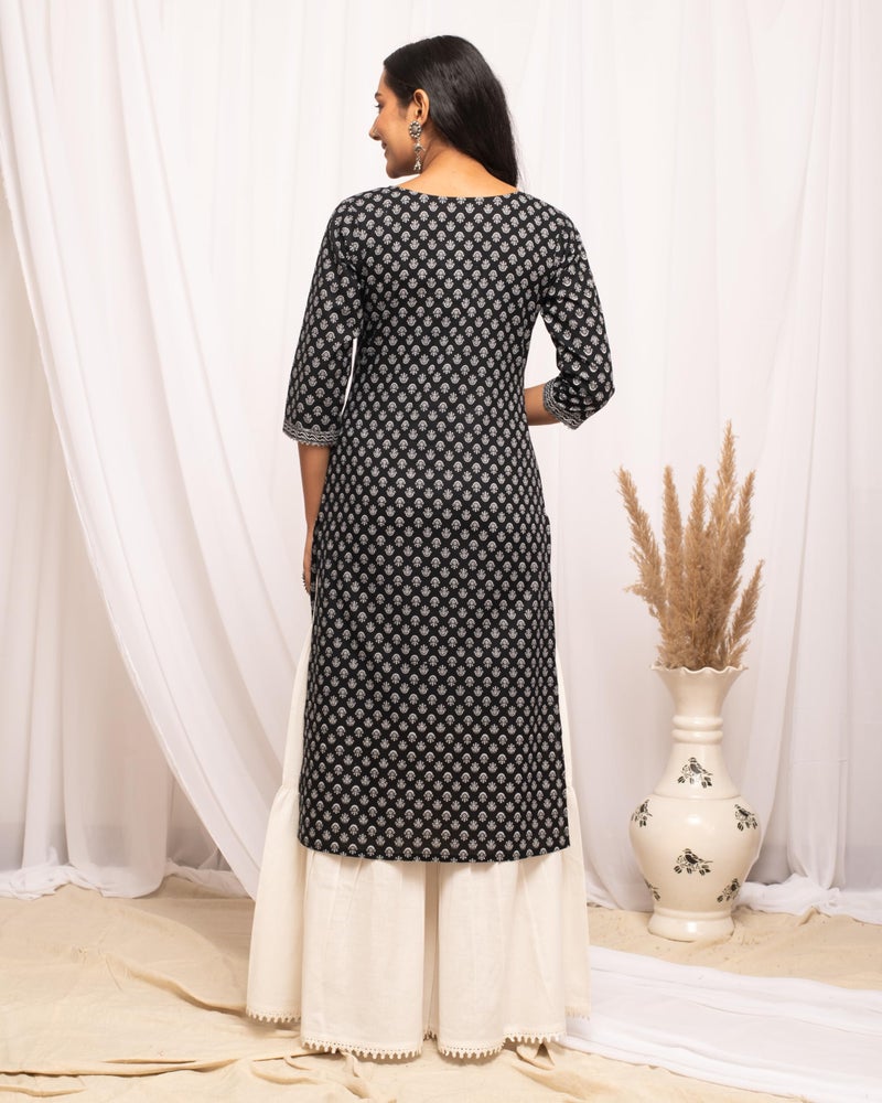 FIORRA Women's Floral Printed Black Cotton Straight Kurta FAR0102 - Image 4