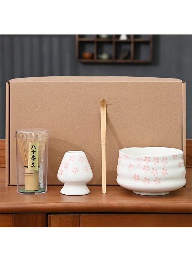 BOUND MOAT 4 Piece Matcha Tea Set Matcha Whisk Kit Matcha Ceramic Bowl Matcha Whisk, White Whisk Holder Traditional Scoop Perfect Set to a Traditional of Matcha Tool (White and pink)（Cherry Blossom Pattern） - Image 1