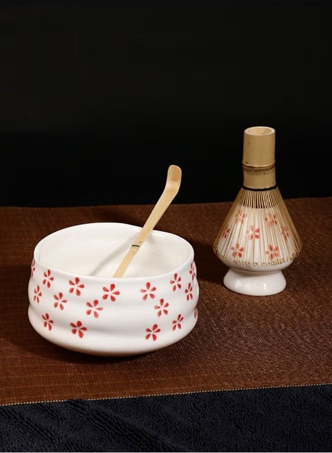 BOUND MOAT 4 Piece Matcha Tea Set Matcha Whisk Kit Matcha Ceramic Bowl Matcha Whisk, White Whisk Holder Traditional Scoop Perfect Set to a Traditional of Matcha Tool (White and pink)（Cherry Blossom Pattern） - Image 2