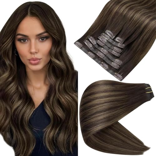 Full Shine Brown Balayage Hair Extension Clip ins Short Clip in Hair Extensions 12 Inch Dark Brown to Light Brown with Blonde Remy Hair for Daily Wear 8 Pcs 95g - Image 1