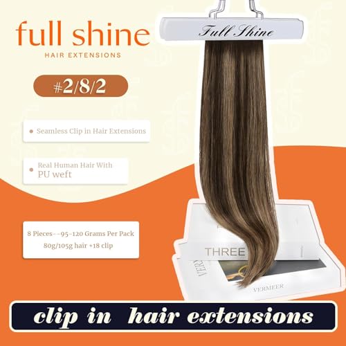 Full Shine Brown Balayage Hair Extension Clip ins Short Clip in Hair Extensions 12 Inch Dark Brown to Light Brown with Blonde Remy Hair for Daily Wear 8 Pcs 95g - Image 2