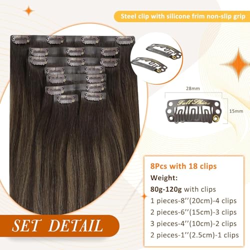 Full Shine Brown Balayage Hair Extension Clip ins Short Clip in Hair Extensions 12 Inch Dark Brown to Light Brown with Blonde Remy Hair for Daily Wear 8 Pcs 95g - Image 3