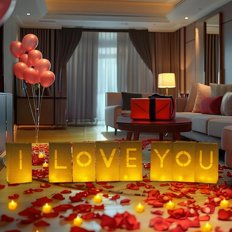 Homemory I Love You Light Up Letters Proposal Decorations with Flameless Candles and Fake Rose Petals, Valentine's Day Luminary Bags Romantic Decorations Special Night for Wedding Anniversary - Image 5