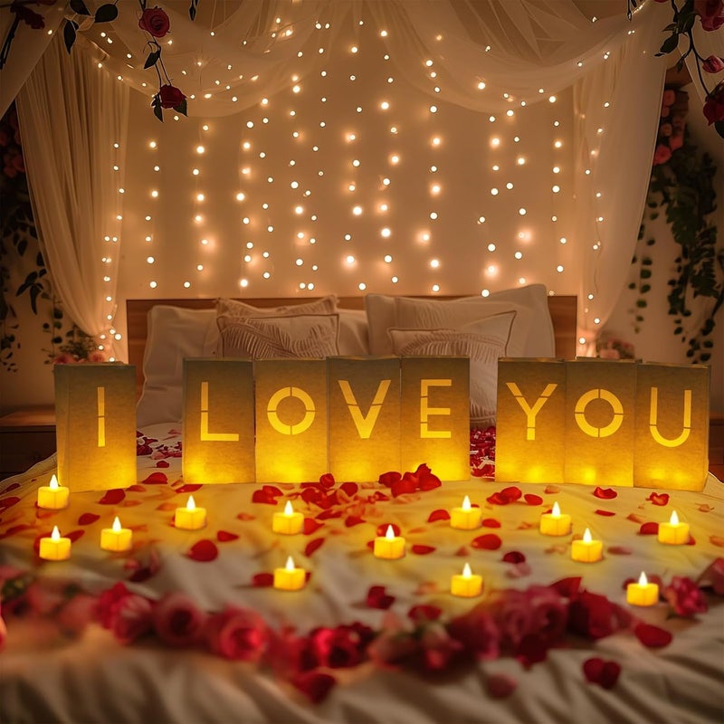 Homemory I Love You Light Up Letters Proposal Decorations with Flameless Candles and Fake Rose Petals, Valentine's Day Luminary Bags Romantic Decorations Special Night for Wedding Anniversary - Image 2