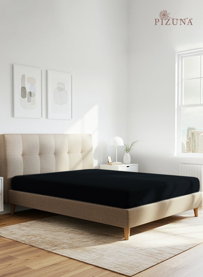 Pizuna Pure Combed Cotton Fitted Bedsheet Queen Size 160x200 cm Black, 400 Thread Count Cool Luxury Soft 100% Long Staple Cotton Sateen Weave, 40cm Deep Pocket Sheet (Fitted Sheet -1PC) - Image 1