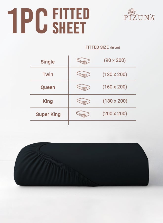 Pizuna Pure Combed Cotton Fitted Bedsheet Queen Size 160x200 cm Black, 400 Thread Count Cool Luxury Soft 100% Long Staple Cotton Sateen Weave, 40cm Deep Pocket Sheet (Fitted Sheet -1PC) - Image 3