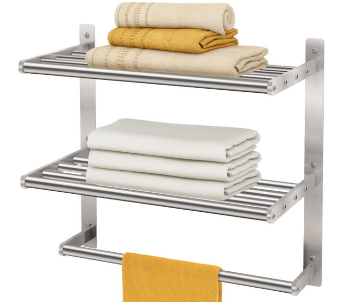 TOWEL SHELF FOR BATHROOM WALL MOUNTED 3TIER HOTEL STYLE TOWEL RACK WITH TOWEL BARS BRUSHED NICKEL TOWEL RACKS FOR BATHROOM LAVATORY 16 INCH