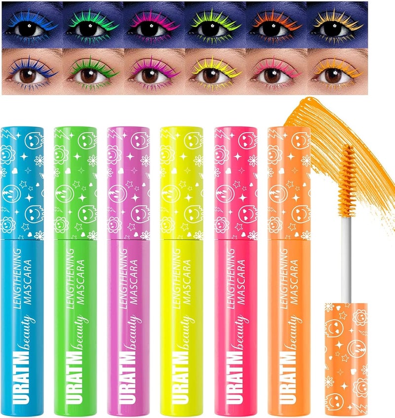 6 Pcs Coloured Neon UV Mascara Set HighlyPigmented Colourful Volumising Lengthening Mascara for Party Cosplay Halloween Glows Brightly Under UV Lighting
