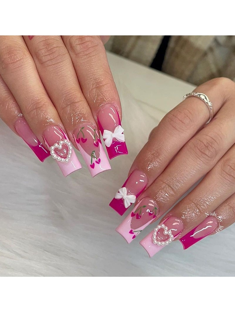 JOSQUEWNN Press On Nails 24pcs, Spring And Summer Fresh Style Medium-Length Trapezoidal French Edge Press-On Nails, Featuring Cherry, Bow, And Heart Designs. Set Perfectly Showcases a Sweet Vibe And Fashionable Charm Of Fake Nails! Fake Acrylic Nails With Glue Kit. - Image 1