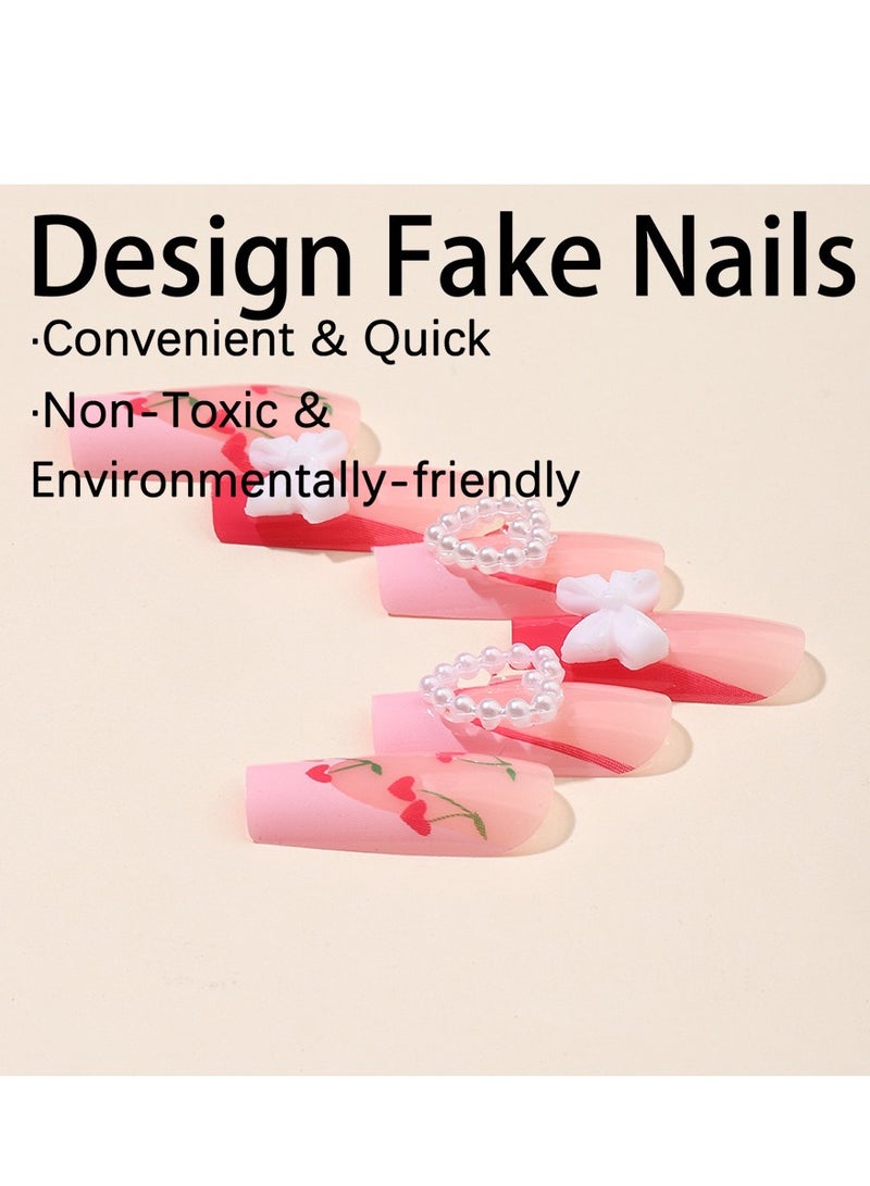 JOSQUEWNN Press On Nails 24pcs, Spring And Summer Fresh Style Medium-Length Trapezoidal French Edge Press-On Nails, Featuring Cherry, Bow, And Heart Designs. Set Perfectly Showcases a Sweet Vibe And Fashionable Charm Of Fake Nails! Fake Acrylic Nails With Glue Kit. - Image 3