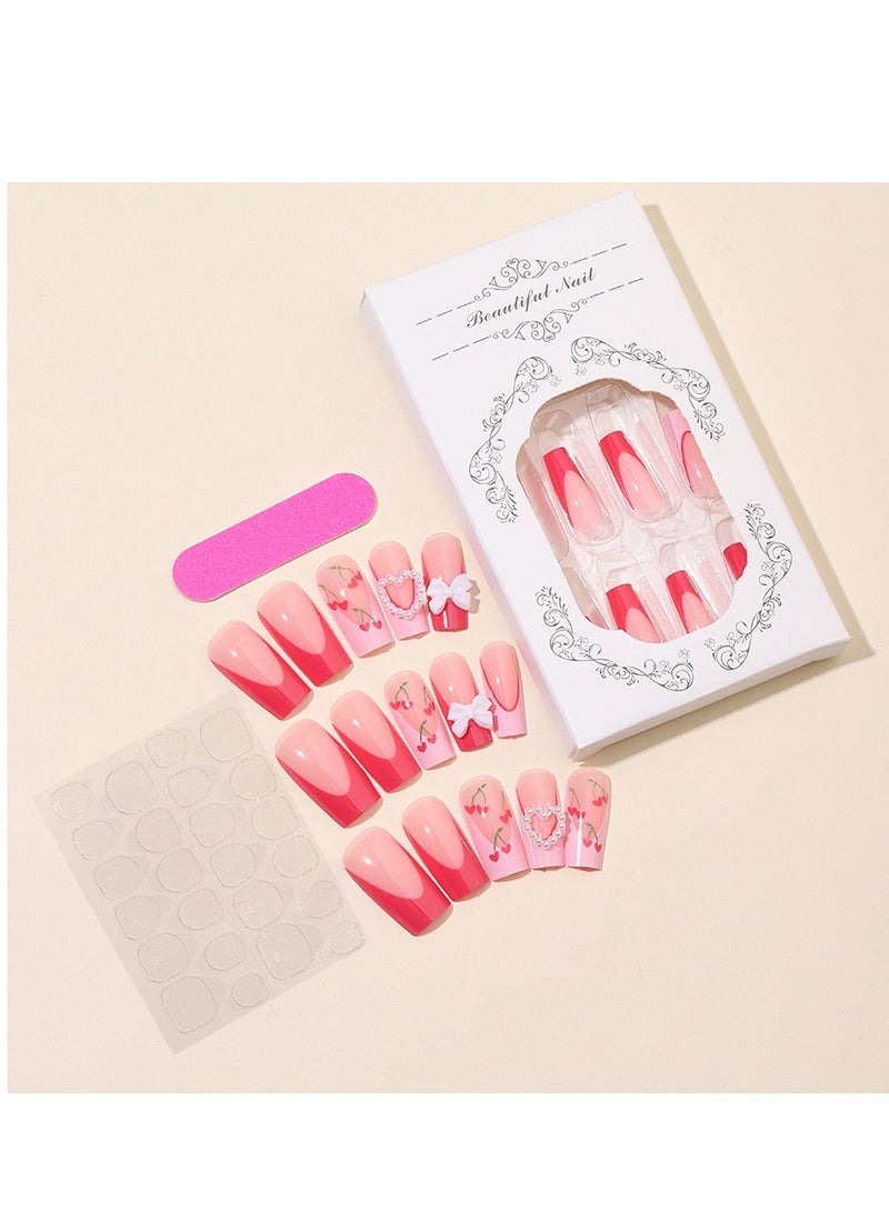 JOSQUEWNN Press On Nails 24pcs, Spring And Summer Fresh Style Medium-Length Trapezoidal French Edge Press-On Nails, Featuring Cherry, Bow, And Heart Designs. Set Perfectly Showcases a Sweet Vibe And Fashionable Charm Of Fake Nails! Fake Acrylic Nails With Glue Kit. - Image 5