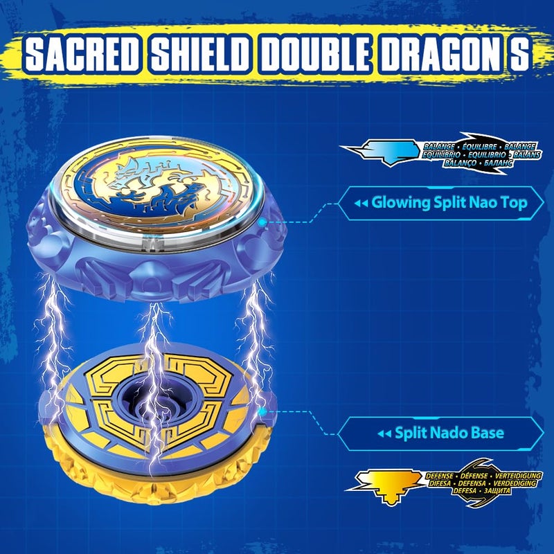 INFINITY NADO Battle Tops with Sword Launcher Split Series, Metal Glowing Battling Tops, Balance/Defense Type Spinning Top Game Toy for Boys Girls 5+, Sacred Shield Double Dragon S, Blue - Image 4