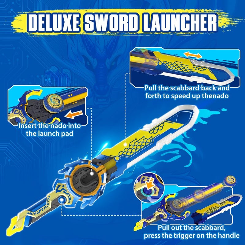 INFINITY NADO Battle Tops with Sword Launcher Split Series, Metal Glowing Battling Tops, Balance/Defense Type Spinning Top Game Toy for Boys Girls 5+, Sacred Shield Double Dragon S, Blue - Image 3
