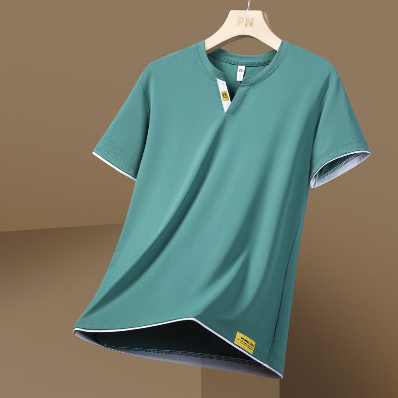 2025 Men'S Ice Silk V-Neck T-Shirt Summer Fashion Versatile Short-Sleeve Quick-Dry Cool T-Shirt Sports Home Half-Sleeve T-Shirt - Image 4