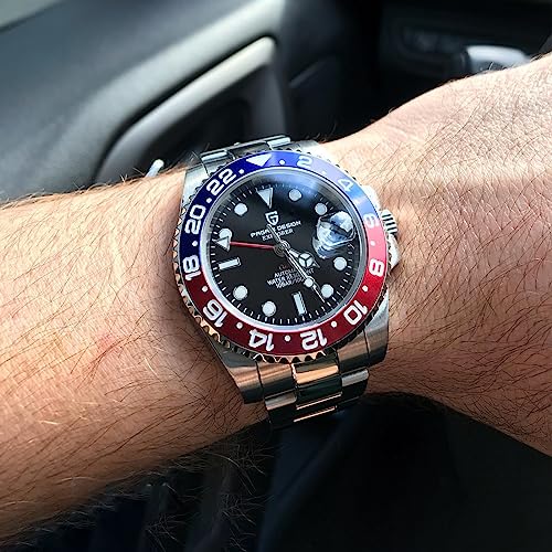 PAGRNE DESIGN ساعة رجال باجاني ديزاين PD-1662 GMT 40MM حركة ميكانيكية أوتوماتيكية تناظرية تاريخ زجاج ياقوت صناعي مضيء ستانلس ستيل مقاومة للماء حتى 100 متر ساعة معصم للرجال (3 أزرق أحمر) - Image 2