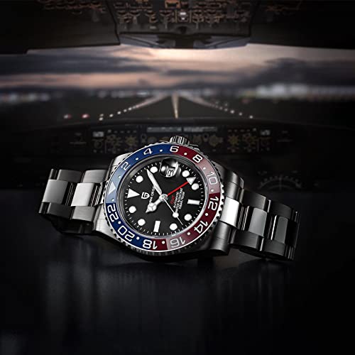 PAGRNE DESIGN ساعة رجال باجاني ديزاين PD-1662 GMT 40MM حركة ميكانيكية أوتوماتيكية تناظرية تاريخ زجاج ياقوت صناعي مضيء ستانلس ستيل مقاومة للماء حتى 100 متر ساعة معصم للرجال (3 أزرق أحمر) - Image 4