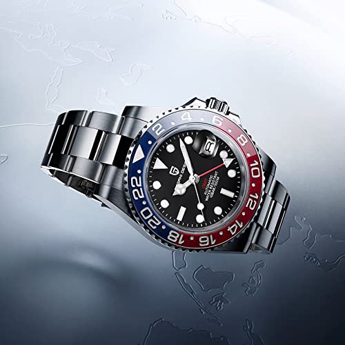 PAGRNE DESIGN ساعة رجال باجاني ديزاين PD-1662 GMT 40MM حركة ميكانيكية أوتوماتيكية تناظرية تاريخ زجاج ياقوت صناعي مضيء ستانلس ستيل مقاومة للماء حتى 100 متر ساعة معصم للرجال (3 أزرق أحمر) - Image 3