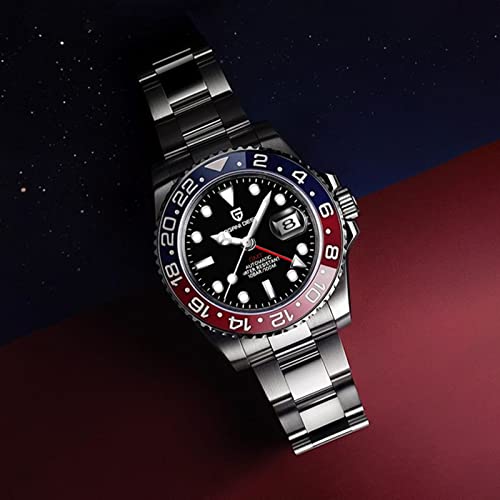 PAGRNE DESIGN ساعة رجال باجاني ديزاين PD-1662 GMT 40MM حركة ميكانيكية أوتوماتيكية تناظرية تاريخ زجاج ياقوت صناعي مضيء ستانلس ستيل مقاومة للماء حتى 100 متر ساعة معصم للرجال (3 أزرق أحمر) - Image 5