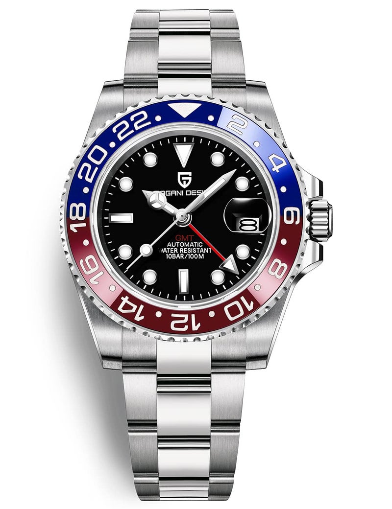 PAGRNE DESIGN ساعة رجال باجاني ديزاين PD-1662 GMT 40MM حركة ميكانيكية أوتوماتيكية تناظرية تاريخ زجاج ياقوت صناعي مضيء ستانلس ستيل مقاومة للماء حتى 100 متر ساعة معصم للرجال (3 أزرق أحمر) - Image 1