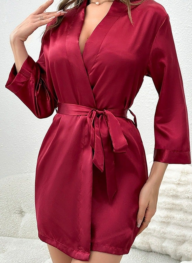 Loquat Women's Imitation Silk Solid Color Nightgown Night-Robe Soft Bathrobe Loungewear Red