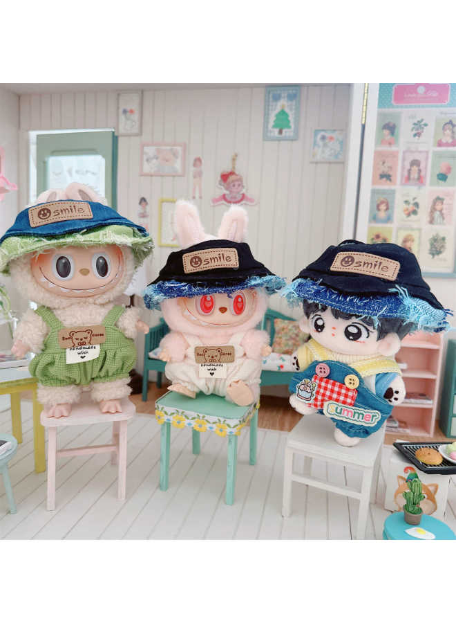 Baby Clothes 10cm Cotton Doll 15cm Overalls T-Shirt Spliced Tassel Fisherman Hat Pull Cloth Clothing Accessories-Specifications:10cm-Color:Dense Plaid Overalls Dark Brown - Image 3